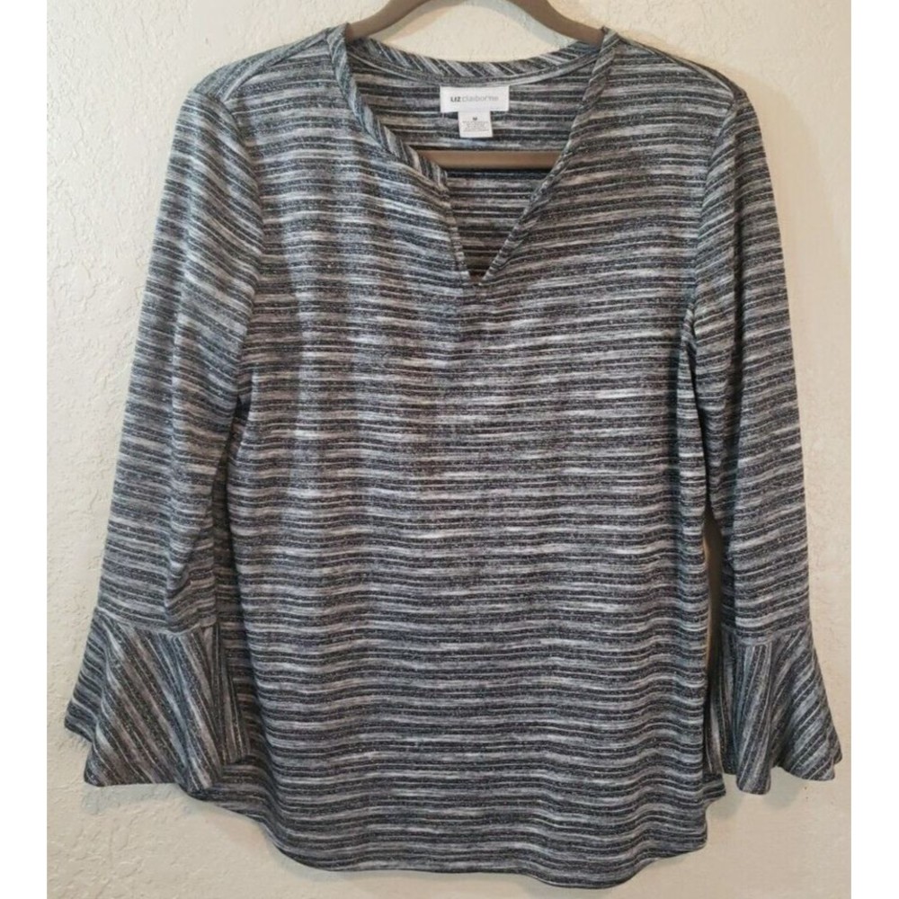 Liz Claiborne Metallic Pullover Flutter Sleeve Top Size Medium Black Silver